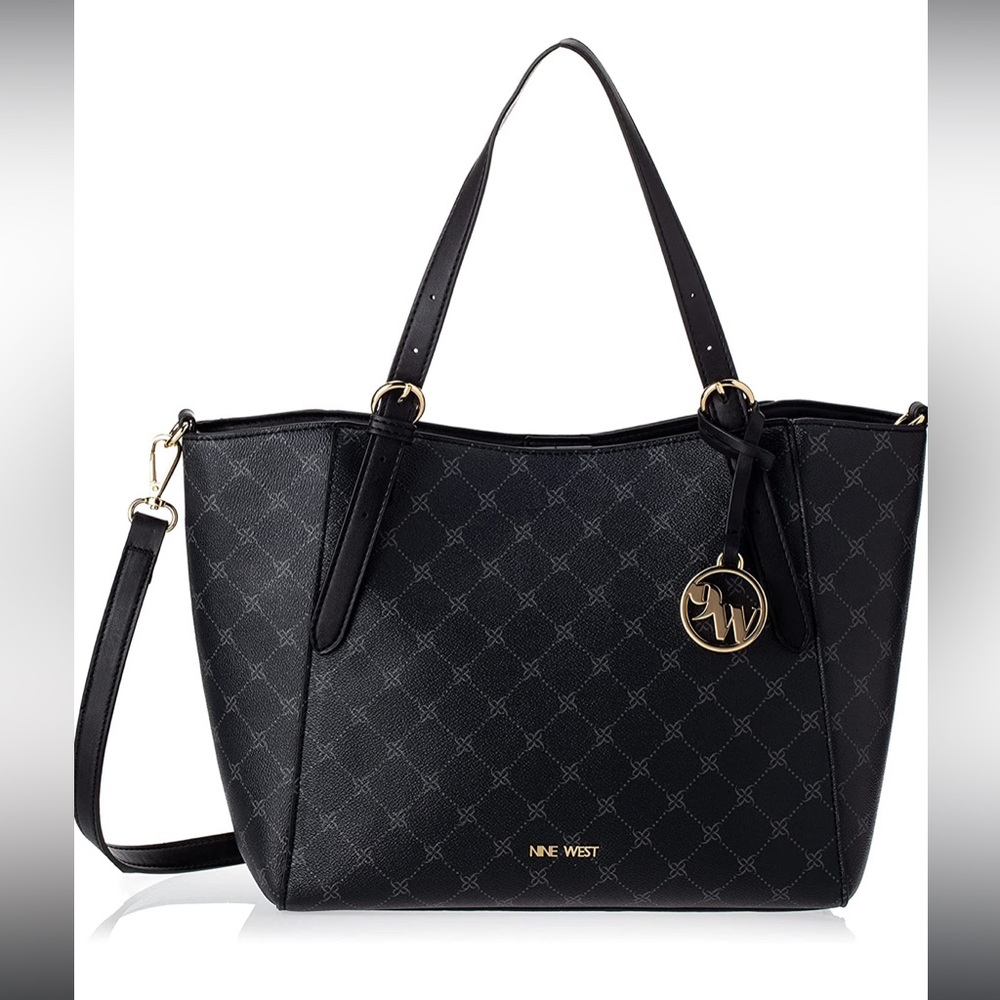 NWT Black Nine West Kylee Trap Tote Bag - Fawn Logo